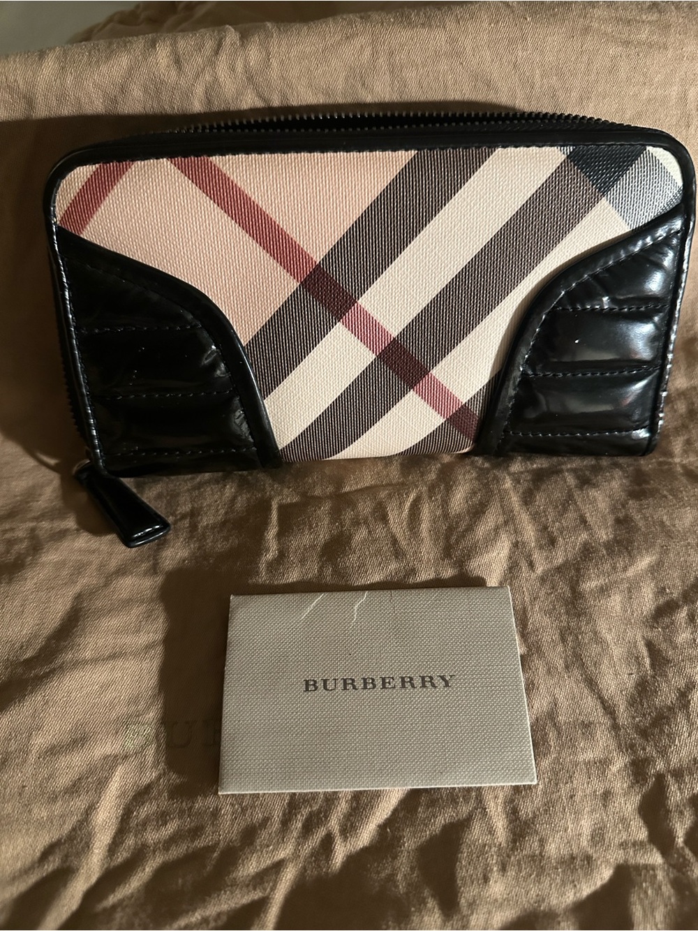 Burberry Black, Beige and Red Check Zip Wallet